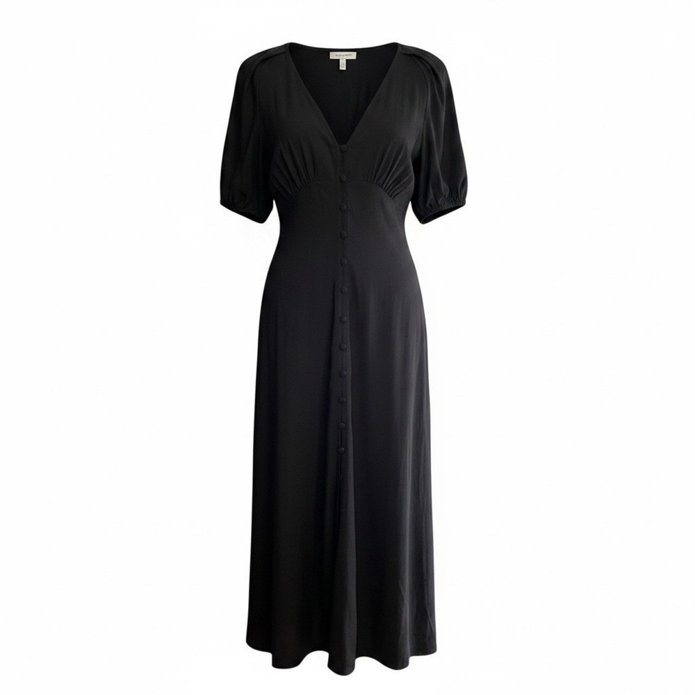 Chelsea & Violet Front Button Deep V Midi Maxi Dress Sz 8 Black Puff Sleeve